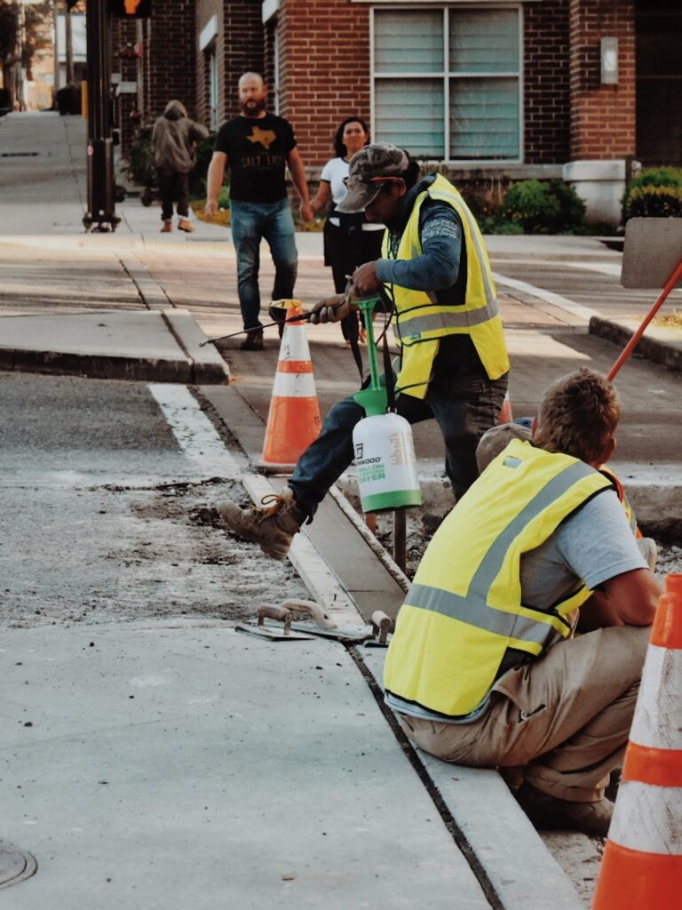 road construction workers taking break at job site