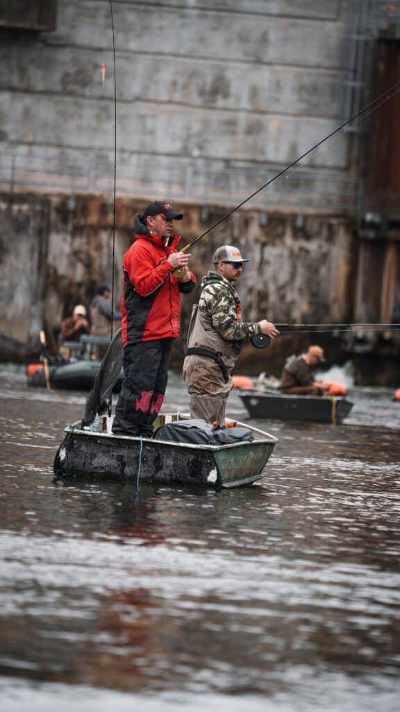 michigan steelhead fishing from boat near a dam